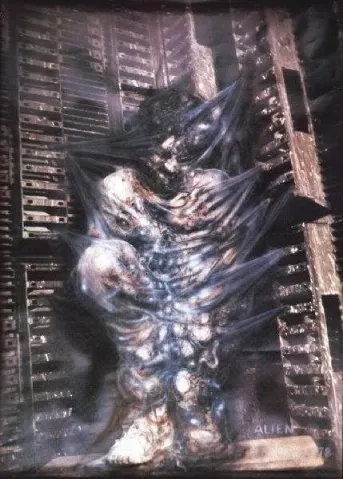 Giger's concept for the cocoon overlying a photograph of Tom Skerritt.