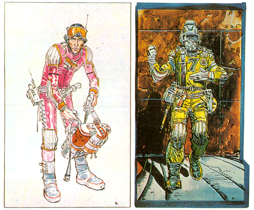 A couple of Moebius' colourful Alien spacesuits. In the film, each suit was colour-coded to a specific character. Kane wore yellow, Dallas pink, and Lambert  blue.