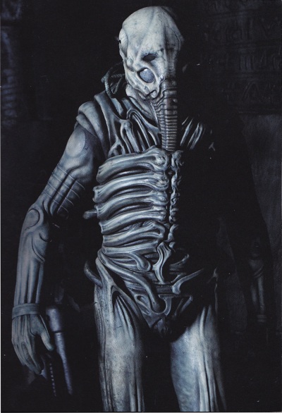 The Space Jockey recast as a biomechanical spacesuit. The 'trunk' is a breathing apparatus and the eye sockets are covered by lenses.