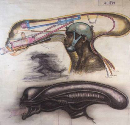 Rambaldi's concept of the Alien head, it's user, and mechanisms. 